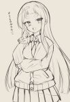  1girl :d bangs cardigan collared_shirt commentary_request grey_background greyscale kuranami_shiki long_hair long_sleeves looking_at_viewer monochrome natsuki_teru necktie original pleated_skirt shirt short_eyebrows simple_background skirt sleeves_past_wrists smile solo thick_eyebrows translation_request very_long_hair 