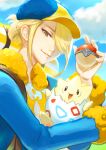  1boy absurdres bangs blonde_hair brown_eyes cloud commentary_request day eyelashes fur_trim hair_bun hair_over_one_eye hat highres holding holding_poke_ball long_sleeves male_focus outdoors parted_lips poke_ball poke_ball_(legends) pokemon pokemon_(creature) pokemon_(game) pokemon_legends:_arceus short_hair sky smile strap togepi upper_body volo_(pokemon) yamaneko_(jyorujyomorieru) yellow_headwear 