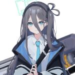  1girl absurdly_long_hair arisu_(blue_archive) bangs black_hair black_hairband black_jacket blue_archive blue_eyes blue_jacket blue_necktie collared_shirt hair_between_eyes hairband halo highres hinagishi_haru holding holding_clothes holding_jacket jacket light_blush long_hair long_sleeves looking_at_viewer multicolored_clothes multicolored_jacket necktie railgun shirt simple_background sling solo upper_body very_long_hair weapon weapon_on_back white_shirt 