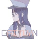  1girl bangs between_breasts black_hair black_necktie breasts caitlyn_(league_of_legends) character_name collarbone hat large_breasts league_of_legends long_hair looking_to_the_side necktie necktie_between_breasts officer_caitlyn police_hat portrait profile ruan_chen_yue simple_background solo sunglasses white_background 