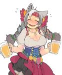  1girl ^_^ alcohol animal_ears bare_arms bear_ears bear_girl beer beer_mug blush braid breasts cleavage closed_eyes corset cup dirndl drink embarrassed extra_ears eyebrows_visible_through_hair ezo_brown_bear_(kemono_friends) facing_viewer fang fingernails flower flying_sweatdrops furrowed_brow german_clothes grey_hair grey_nails hair_ribbon headband highres holding holding_cup igarashi_(nogiheta) jewelry kemono_friends kemono_friends_3 large_breasts long_hair mug multicolored_hair nail_polish open_mouth pendant ribbon short_sleeves smile solo twin_braids upper_body 