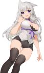  1girl :d akizone bangs bare_arms bare_shoulders black_legwear black_shorts breasts clenched_hand eyebrows_visible_through_hair feet_out_of_frame final_fantasy final_fantasy_xiv grey_hair hand_up highres large_breasts long_hair looking_at_viewer purple_ribbon ribbon shiny shiny_hair shirt shorts simple_background smile thighhighs white_background white_shirt 