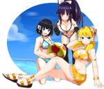  3girls :d absurdres alia_(mega_man) android arm_behind_head arm_support arm_up armlet ball bangs bare_shoulders beachball bikini bikini_skirt black_choker black_footwear black_gloves black_hair blonde_hair blue_bikini blue_eyes blue_sky blush boots bracelet breasts choker cleavage clothes_writing cloud collarbone commission crossover day elbow_gloves english_commentary error eyebrows_visible_through_hair fate/grand_order fate_(series) full_body gloves green_eyes groin hair_between_eyes hairband highres holding holding_ball humagear_headphones is_(kamen_rider_01) jewelry joints kamen_rider kamen_rider_01_(series) katou_danzou_(fate) kneeling large_breasts leaning_forward long_hair looking_at_viewer medium_breasts mega_man_(series) mega_man_x_(series) mega_man_x_dive midsummer_memories multiple_crossover multiple_girls navel open_mouth parted_lips ponytail reiei_8 robot_ears robot_joints sandals short_hair sidelocks sitting skirt sky smile standing stomach swimsuit teeth thigh_boots thighhighs trait_connection twitter_username upper_teeth v very_long_hair white_background white_bikini white_hairband yellow_bikini yellow_eyes yellow_skirt 