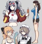 4girls ;t animal_ears arknights bangs bare_legs black_eyes black_hair black_shorts blonde_hair blue_eyes blue_shirt breasts character_request clenched_hand collarbone commentary_request copyright_request crop_top cropped_jacket cropped_torso dinoyhs eyebrows_visible_through_hair feater_(arknights) feater_(gourmet)_(arknights) food full_body genshin_impact grey_background grey_hair hair_over_one_eye hand_up hat highres holding holding_food jacket jean_(genshin_impact) large_breasts long_hair long_sleeves looking_at_viewer low_ponytail midriff mob_cap multiple_girls navel open_clothes open_jacket panda_ears red_eyes red_jacket shirt short_shorts shorts silver_hair simple_background sleeveless sleeveless_shirt standing stomach t-shirt thighs twintails upper_body white_headwear white_shirt 