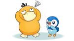  animal_focus arms_up beak black_eyes blue_eyes commentary_request confused creature no_humans official_art open_mouth piplup pokemon pokemon_(creature) project_pochama psyduck squiggle standing sweatdrop tongue white_background 