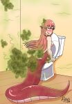  apode blush butt draconcopode fart fart_cloud fart_fetish female female/female hair hi_res humanoid klovs lamia legless miia_(monster_musume) monster_girl_(genre) monster_musume nude red_hair relieved reptile scalie serpentine smile snake solo split_form toilet toilet_use yellow_eyes 