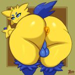  absurd_res anthro anus backsack balls bent_over big_butt blue_eyes blue_sclera butt genitals hi_res huge_butt inuzu joltik looking_back male multicolored_body nintendo nude pok&eacute;mon pok&eacute;mon_(species) presenting presenting_hindquarters rear_view smile solo thick_thighs two_tone_body video_games wide_hips yellow_body 