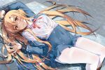  1girl arm_up asuna_(sao) bangs bdsm blonde_hair blue_bra blue_jacket blue_skirt blush bondage bound bra braid breasts chain chained chained_wrists clothes_lift commentary_request cuffs devil_heavens eyebrows_visible_through_hair highres jacket large_breasts long_hair looking_at_viewer lying lying_on_water on_back on_floor open_clothes open_jacket pantyhose partially_submerged prisoner red_ribbon revision ribbon ryona school_uniform see-through see-through_shirt shackles shirt skirt solo sword_art_online underwater underwear uniform very_long_hair water wet wet_clothes white_legwear white_shirt worried yellow_eyes 