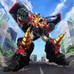  absurdres city clenched_hands cloud crane_(machine) drill gaogaigar highres jugon_(sushi) looking_down mecha mechanical_wings no_humans orange_eyes science_fiction shiny sky solo super_robot v-fin wings yuusha_ou_gaogaigar yuusha_series 