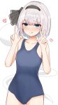  1girl :p bad_hands bangs bare_shoulders black_hairband blush commentary_request eyebrows_visible_through_hair finaltakenoko ghost hairband heart highres konpaku_youmu konpaku_youmu_(ghost) school_swimsuit solo swimsuit tongue tongue_out touhou v white_hair 