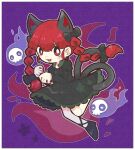  1girl :3 animal_ear_fluff animal_ears black_bow black_footwear blue_fire bow braid cat_ears cat_tail dress extra_ears fire flaming_skull floating_skull floral_print flower ghost green_dress hitodama ikururu kaenbyou_rin leg_ribbon multiple_tails open_mouth outline paw_pose puffy_sleeves purple_background red_eyes red_hair ribbon simple_background skull smile solo tail touhou twin_braids two_tails white_outline 