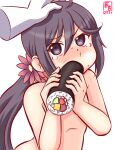  1girl akebono_(kancolle) artist_logo bare_shoulders bell commentary_request dated disembodied_limb eating ehoumaki flower food hair_bell hair_flower hair_ornament jingle_bell kanon_(kurogane_knights) kantai_collection long_hair makizushi nude one-hour_drawing_challenge petting purple_eyes purple_hair sexually_suggestive side_ponytail simple_background solo sushi tears upper_body very_long_hair white_background 
