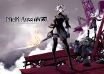  1boy 1girl black_blindfold black_dress black_legwear bleemjay blindfold boots breasts cloud crane_(machine) dress gloves highres holding holding_sword holding_weapon long_sleeves looking_at_another nier_(series) nier_automata ruins shadow short_hair shorts socks sword thighhighs weapon white_hair yorha_no._2_type_b yorha_no._9_type_s 