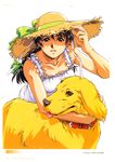  absurdres animal arm_around_neck bangs bare_arms bare_shoulders black_hair border braid breasts brown_eyes collarbone dog dress frills green_ribbon hair_between_eyes hair_ribbon hand_on_headwear hand_up hat highres horibe_hiderou hug long_hair looking_at_viewer original page_number parted_lips ribbon shade simple_background sleeveless sleeveless_dress small_breasts smile straw_hat sun_hat sundress tongue tongue_out white_background white_border white_dress white_ribbon 