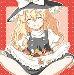  apron bad_id bad_pixiv_id blonde_hair blush bow closed_eyes grin hat indian_style kirisame_marisa long_hair mushroom sitting skirt_basket smile solo takano_ui touhou witch_hat 