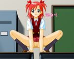  1girl :3 arm_support brown_eyes censored desk door female indoors legs looking_at_viewer mahou_sensei_negima mahou_sensei_negima! makie_sasaki no_panties plaid plaid_skirt pussy red_hair sasaki_makie school_uniform short_hair skirt skirt_lift smile socks solo squatting sweater_vest 