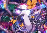  1girl abigail_williams_(fate/grand_order) akirannu ass bangs black_bow black_hat black_legwear black_panties bow bug butterfly commentary_request fate/grand_order fate_(series) glowing hat hat_bow insect kneehighs legs_up long_hair looking_at_viewer night night_sky no_shoes orange_bow pale_skin panties parted_bangs parted_lips red_eyes revealing_clothes silver_hair single_kneehigh single_thighhigh sky solo star_(sky) starry_sky tentacle thighhighs topless transparent underwear very_long_hair witch_hat 