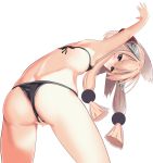  ass azur_lane bangs bent_over bikini black_bikini blonde_hair commentary covering covering_crotch flat_ass flat_chest from_behind hair_between_eyes hair_ornament headgear highres looking_at_viewer micro_bikini purple_eyes schreibe_shura sidelocks simple_background solo swimsuit warspite_(azur_lane) white_background 