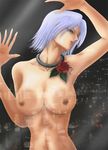  against_glass breasts choker christie christie_(doa) dead_or_alive exhibitionism flower large_breasts nude rose tecmo white_hair 