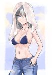  1girl bangs bikini blue_bikini blue_eyes blue_pants breasts casual closed_mouth collarbone commentary cowboy_shot denim eyebrows_visible_through_hair frown girls_und_panzer grey_hair half-closed_eyes hands_in_pockets highres itsumi_erika jeans long_hair looking_at_viewer medium_breasts navel no_shirt pants solo standing sweat swimsuit toku_(yhpv8752) torn_clothes torn_jeans torn_pants towel towel_on_head 