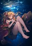  1girl absurdres air_bubble bangs bare_arms bare_legs bare_shoulders barefoot black_dress black_nails black_panties blonde_hair bow breasts bubble cleavage closed_mouth commentary_request detached_collar dress earrings ereshkigal_(fate/grand_order) fate/grand_order fate_(series) feet frown full_body fur_trim hair_bow highres huge_filesize jewelry kazuki_seto long_hair looking_at_viewer medium_breasts nail_polish own_hands_together panties parted_bangs purple_bow red_eyes skull solo spine strapless strapless_dress submerged tiara underwater underwear upskirt very_long_hair 