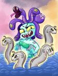  artist_signature bra cala_maria cheeky cheeky_smile cuphead_(game) eel eels electricity evil evil_smile fangs jagged_teeth looking_at_viewer medusa-like mermaid ocean purple_hair sandrarivasart scar sea snake_tongue snakes spiky_bra teal_skin video_games yellow_eyes 