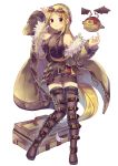  1girl absurdres armpit_peek arms_up bangs belt black_footwear black_legwear blonde_hair blush boots breasts coat contrapposto dress full_body fur-trimmed_coat fur_trim goggles goggles_on_head hand_on_own_head highres ikari_(aor3507) knees_together_feet_apart leg_belt long_hair looking_at_viewer medium_breasts off_shoulder open_clothes open_coat original parted_bangs red_eyes robot sidelocks simple_background sleeveless sleeveless_dress smile solo standing steampunk striped striped_legwear thigh_boots thighhighs tool_belt toolbox trench_coat very_long_hair white_background wrench 