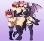  3girls ass boots brandish breasts cleavage crossover curvy demon_girl firika_mia_shatana highres huge_ass huge_breasts kyelyn kyonyuu_fantasy long_hair multiple_girls nukidoki! open_mouth parted_lips pink_hair purple_eyes purple_hair red_eyes red_hair shamsiel_shahar short_hair smile succubus thick_thighs thigh_boots thighhighs thighs twintails twiska wide_hips yellow_eyes 