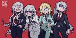  4girls ak-12_(girls&#039;_frontline) ak-15_(girls&#039;_frontline) an-94_(girls&#039;_frontline) belt belt_buckle blonde_hair blue_eyes blue_suit breasts buckle cleavage closed_eyes collared_shirt crossover formal girls&#039;_frontline glasses hair_over_one_eye helltaker highres holding holding_eyewear holding_suitcase id_card jacket long_hair looking_at_viewer multiple_girls necktie open_clothes open_jacket parody plunging_neckline ponytail purple_eyes red_background rpk-16_(girls&#039;_frontline) shirt short_hair signature silver_hair simple_background sindraws skirt style_parody suit suit_jacket suitcase sunglasses 