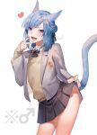  1boy :d animal_ears avatar_(ff14) bangs black_bow black_bowtie black_ribbon black_skirt blazer blue_hair blue_nails blush bow bowtie brown_sweater cat_boy cat_ears cat_tail collared_shirt commentary_request crossdressing double_bun eyebrows_visible_through_hair eyes_visible_through_hair facial_mark fang final_fantasy final_fantasy_xiv grey_jacket hair_ribbon hand_up heart jacket leaning_forward long_hair long_sleeves looking_at_viewer male_focus mars_symbol miniskirt miqo&#039;te mole mole_under_eye nail_polish open_clothes open_jacket open_mouth otoko_no_ko panon_14 pleated_skirt pocket purple_eyes ribbon school_uniform shiny shiny_hair shiny_skin shirt signature simple_background skirt skirt_hold smile solo standing sweater swept_bangs tail v whisker_markings white_background white_shirt wing_collar 