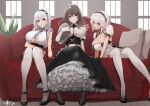  3girls apron azur_lane black_dress black_footwear black_legwear black_skirt breasts charybdis_(azur_lane) cleavage clothing_cutout couch dido_(azur_lane) dress elbow_gloves frilled_dress frills gloves grey_eyes grey_hair high_heels highres holding holding_tray huge_breasts large_breasts layered_dress light_purple_hair long_hair looking_at_viewer maid_headdress multiple_girls oregano_(olgn_eao) pillow puffy_short_sleeves puffy_sleeves red_eyes shirt shoes short_hair short_sleeves sirius_(azur_lane) sitting skirt sleeveless sleeveless_shirt thighhighs tray underboob underboob_cutout white_apron white_dress white_gloves white_hair white_legwear white_shirt wooden_floor 