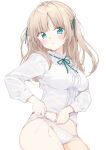  1girl bangs blonde_hair blush breasts center_frills closed_mouth commentary eyebrows_visible_through_hair frilled_shirt frilled_shirt_collar frills green_eyes green_ribbon hair_ribbon highres long_hair looking_at_viewer maigoyaki medium_breasts no_pants original panties ribbon shirt side-tie_panties simple_background solo symbol-only_commentary two_side_up underwear white_background white_shirt 