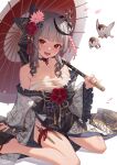  1girl bandages bird breasts budget_sarashi chest_sarashi cleavage commentary highres hololive japanese_clothes kimono large_breasts leaf98k midriff oil-paper_umbrella red_eyes sakamata_chloe sarashi simple_background solo sparrow umbrella virtual_youtuber white_background 