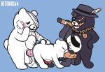  anthro bandage bitebox64 cigarette fellatio genitals group group_sex kurokuma machine male male/male mammal monokuma oral penile penis red_penis robot sex shirokuma_(danganronpa) simple_background spitroast threesome ursid watermark 