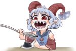  1girl bare_shoulders blue_dress chamaji curly_hair dress earrings eating highres horn_ornament horn_ribbon horns jewelry oversized_object plate pointy_ears red_eyes red_horns red_sleeves ribbon sharp_teeth sheep_horns solo teeth touhou toutetsu_yuuma utensil 