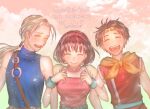  1girl 2boys breasts brown_hair circlet closed_eyes closed_mouth gensou_suikoden gensou_suikoden_ii hairband jowy_atreides-blight multiple_boys nanami_(suikoden) open_mouth pants riou_(gensou_suikoden) sakai_(motomei) shirt short_hair smile 