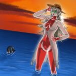  1boy 1girl :d breasts coat commission commissioner_upload covered_nipples fire_emblem fire_emblem_heroes hat highres lif_(fire_emblem) navel nipples ocean open_mouth partially_submerged pussy randomfacelessnobody see-through skeleton smile sunglasses sunset swimsuit thrasir_(fire_emblem) translucent_skin water 