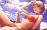  2girls alister_agrew arm_up artist_name bangle bikini blonde_hair blue_sky bracelet braid breasts cloud day dutch_angle hand_on_own_head jewelry last_exile long_hair looking_at_viewer lying medium_breasts multiple_girls murata_range navel original outdoors parted_lips reclining red_bikini shading_eyes short_hair sideboob sitting sky small_breasts sunlight swimsuit tatiana_wisla watermark white_hair 