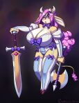  absurd_res anthro axe battle_axe big_breasts blush bovid bovid_horn bow_tie breasts clothing female flower hair hi_res hooves horn huge_breasts lapinbeau lily_(flower) lingerie long_hair mammal melee_weapon mellany_(rubyluvcow) pink_hair plant purple_eyes solo sword tail_tuft tuft weapon 