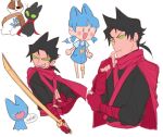  adorabat animal_ears bat bat_wings black_hair blue_dress blue_hair cat cat_ears coat cyborg dress green_eyes heart mao_mao mao_mao:_heroes_of_pure_heart mintyashes open_mouth otter otter_ears peg_leg red_coat single_eye speech_bubble sword thinking weapon wings younger 