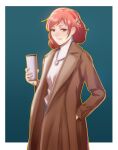  1girl absurdres blue_background coat drink earrings hair_ornament hand_in_pocket highres holding jewelry long_sleeves looking_at_viewer orange_hair original outline pants pomelomelon red_eyes short_hair smile solo upper_body yellow_outline 