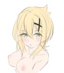  1girl akatsuki_kirika blaze_(blaze_pso2) blonde_hair blush breasts collarbone eyebrows_visible_through_hair green_eyes hair_ornament highres large_breasts looking_at_viewer nipples open_mouth senki_zesshou_symphogear short_hair simple_background sketch solo upper_body white_background x_hair_ornament 