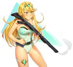  1girl absurdres angry bangs belt blonde_hair blush breasts cleavage cowboy_shot earrings english_commentary gun highres jewelry long_hair mathias_leth medium_breasts mythra_(radiant_beach)_(xenoblade) one-piece_swimsuit shotgun shotgun_shell smoke smoking_gun solo strapless strapless_swimsuit swept_bangs swimsuit tiara weapon weapon_request white_swimsuit xenoblade_chronicles_(series) xenoblade_chronicles_2 yellow_eyes 