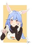  1girl absurdres animal_ear_fluff animal_ears apron black_sweater blue_hair border braid breasts carrot_print chen_yang_yang commentary_request cup drinking_glass eyelashes fingernails food_print forehead frilled_apron frills hair_between_eyes hand_on_own_face highres hololive light_blush long_hair looking_at_viewer mature_female open_mouth orange_eyes pekomama rabbit_ears rabbit_girl shot_glass signature sleeves_past_wrists solo sweater thick_eyebrows two-tone_background upper_body virtual_youtuber white_apron white_border yellow_background 
