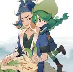  1boy 1girl adaman_(pokemon) arm_wrap bangs black_footwear blue_coat blue_hair boots brown_eyes cheek_squash coat collar collarbone commentary_request eyebrow_cut floating_hair fur_hat green_eyes green_hair green_jacket green_legwear grey_skirt grin hair_between_eyes hat huan_li jacket leafeon leg_up long_hair long_sleeves mittens on_lap open_mouth pantyhose pokemon pokemon_(creature) pokemon_(game) pokemon_legends:_arceus pokemon_on_lap sabi_(pokemon) skirt smile teeth tongue 