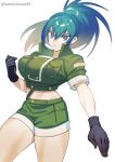  1girl absurdres bangs black_gloves blue_eyes blue_hair clenched_hand earrings fighting_stance gloves green_jacket green_shorts highres jacket jewelry konnichiwa029 leona_heidern looking_at_viewer navel ponytail short_sleeves shorts sidelocks simple_background solo the_king_of_fighters the_king_of_fighters_xv triangle_earrings twitter_username white_background 