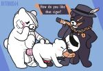  anthro bandage bitebox64 cigarette dialogue fellatio genitals group group_sex kurokuma machine male male/male mammal monokuma oral penile penis red_penis robot sex shirokuma_(danganronpa) simple_background spitroast threesome ursid watermark 