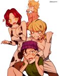  4girls anger_vein animal_print beanie black_hair blonde_hair blue_eyes braid breasts choker cleavage cow_print cup donatello_versace drinking genderswap genderswap_(mtf) giorno_giovanna hat jojo_no_kimyou_na_bouken multiple_girls red_hair rikiel sempon_(doppio_note) shaded_face short_ponytail siblings sideburns sisters stone_ocean teacup ungaro vento_aureo yellow_eyes 