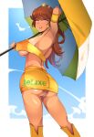  0regano 1girl armpits ass blue_eyes blush breasts brown_hair commentary crown english_commentary highres holding holding_umbrella large_breasts long_hair looking_back mario_(series) open_mouth panties panty_peek princess_daisy sideboob skirt solo sportswear standing super_mario_bros. tan thighs umbrella underboob underwear yellow_skirt 