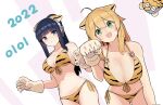  2022 2girls absurdres ahoge animal_ears animal_hands animal_print bangs bikini black_hair blonde_hair blue_eyes blunt_bangs breasts chinese_zodiac cleavage commentary dated dutch_angle front-tie_bikini front-tie_top frown gloves green_eyes groin headgear highres large_breasts leaning_forward medium_breasts multiple_girls navel new_year o-ring o-ring_bikini open_mouth original parted_lips paw_gloves paw_pose petoka print_bikini side-tie_bikini smile standing straight_hair swimsuit tiger_ears tiger_print year_of_the_tiger 
